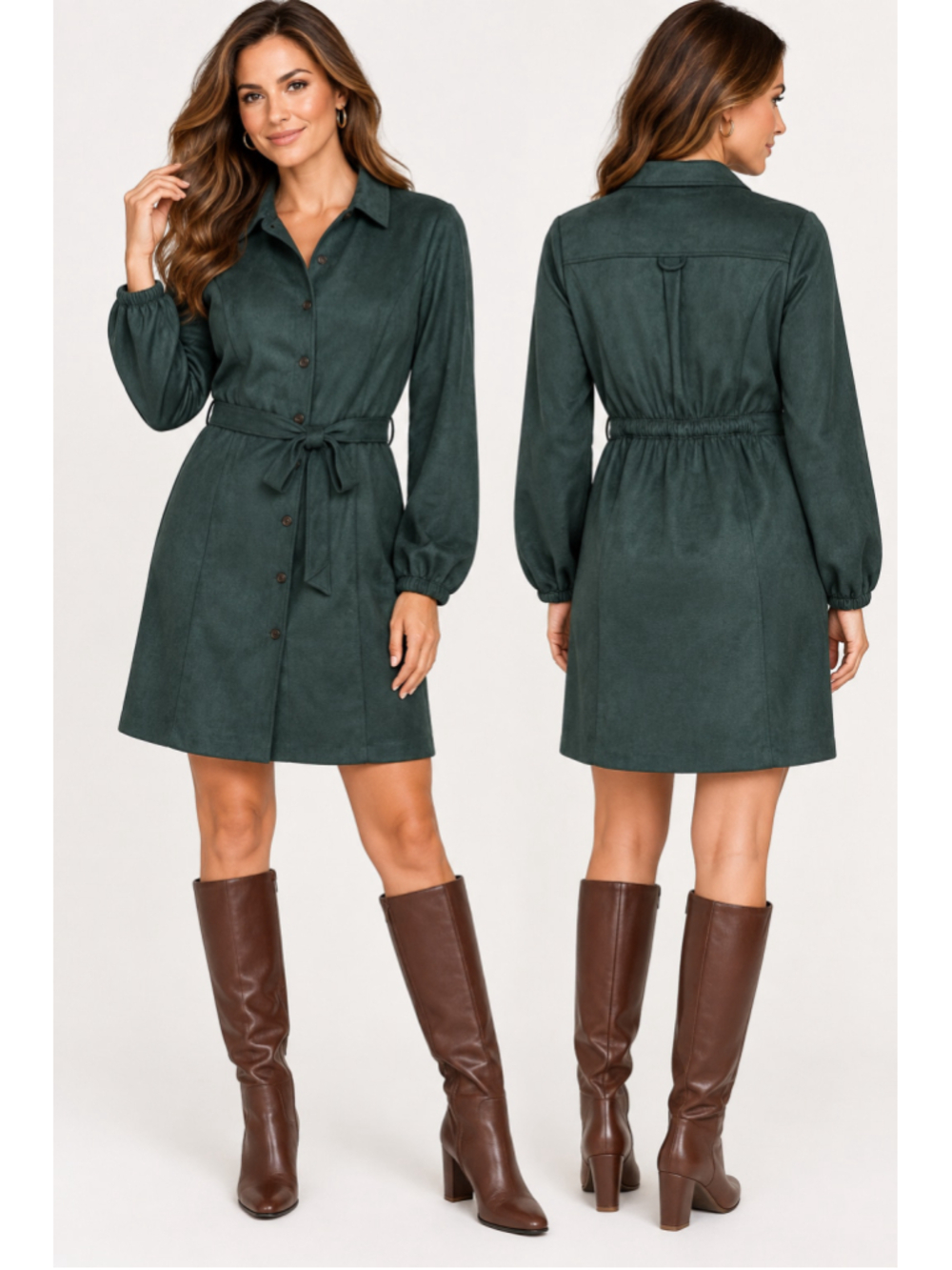 Calvin Klein NWT 8P Green Faux Suede Belted Shirt Dress Long Sleeve $149